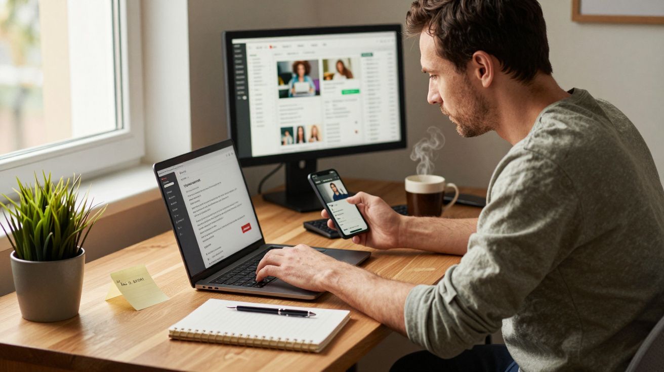 Homem a trabalhar num portátil e telemóvel, com café ao lado, num escritório em casa com janela e bloco de notas.