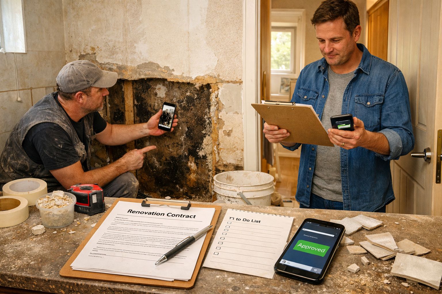 Dois homens inspecionam parede em obras, um tomando notas num bloco e o outro fotografando com telemóvel.