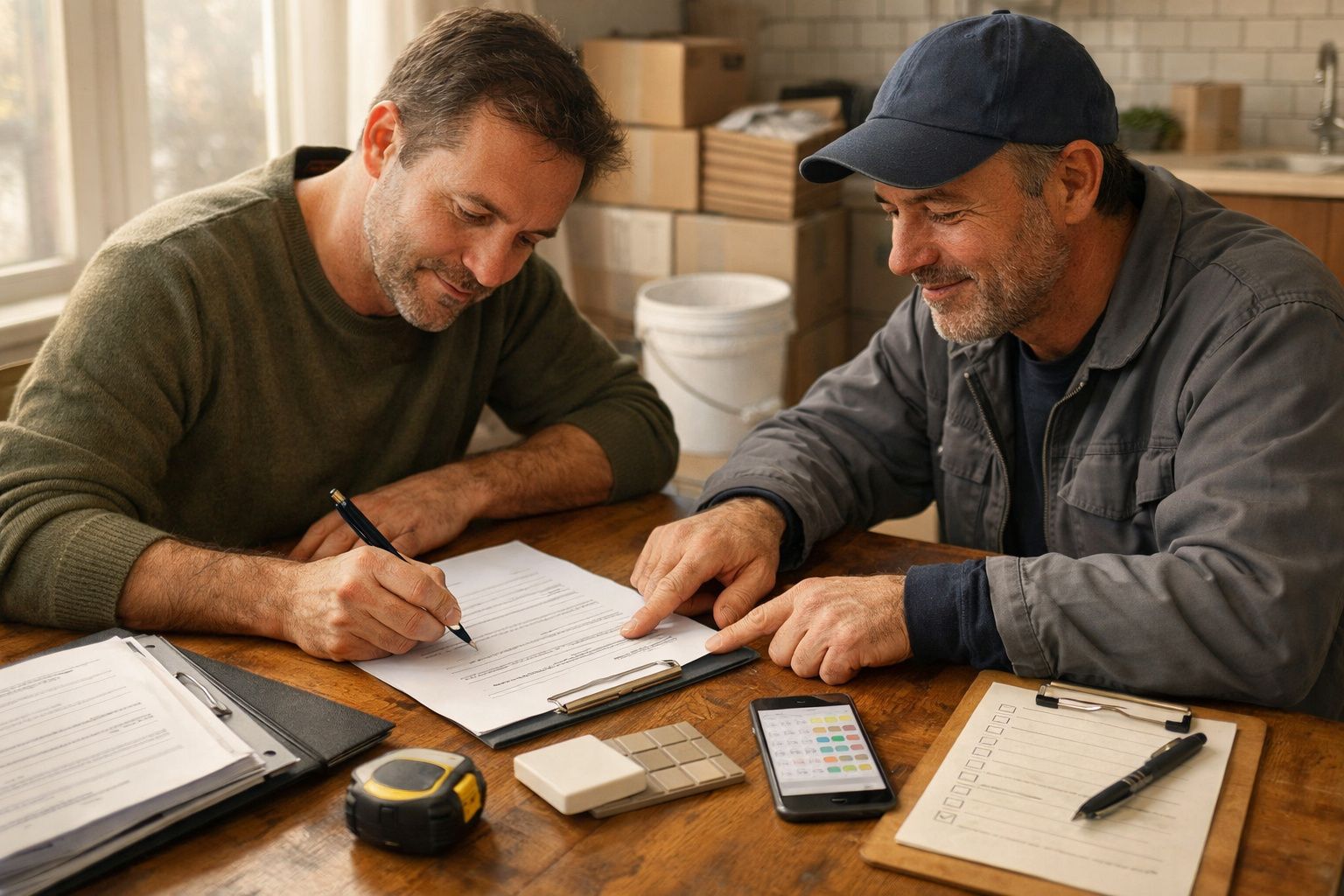 Dois homens discutem e assinam documentos numa mesa com amostras, telemóvel e fita métrica.