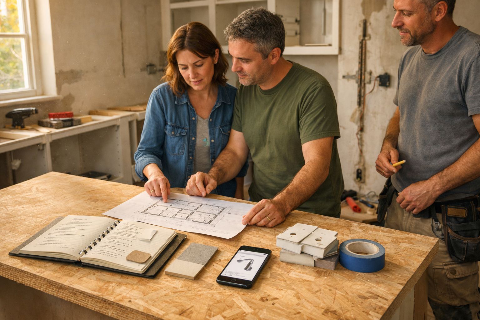 Três pessoas analisam uma planta numa mesa de madeira, com materiais de construção e smartphone ao redor.