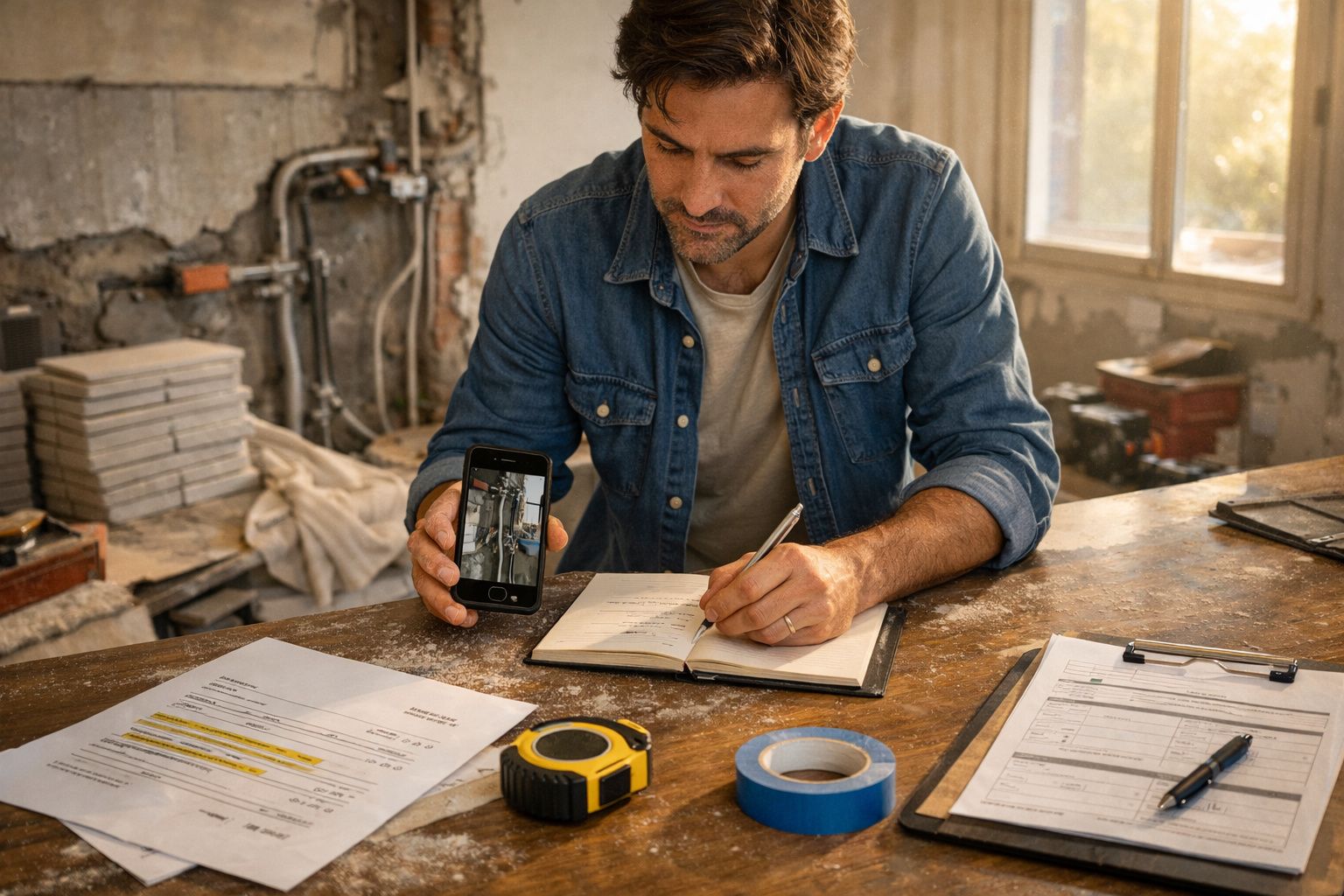 Homem em estaleiro de obras, segurando telemóvel e escrevendo num caderno. Mesa com fita métrica e documentos.