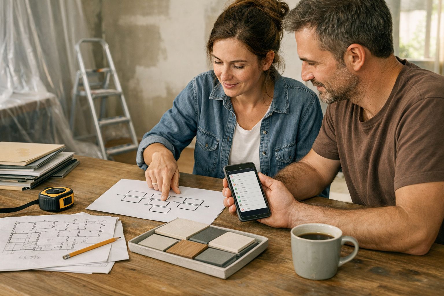 Casal a discutir planos de arquitetura, com amostras de materiais e um smartphone sobre a mesa.