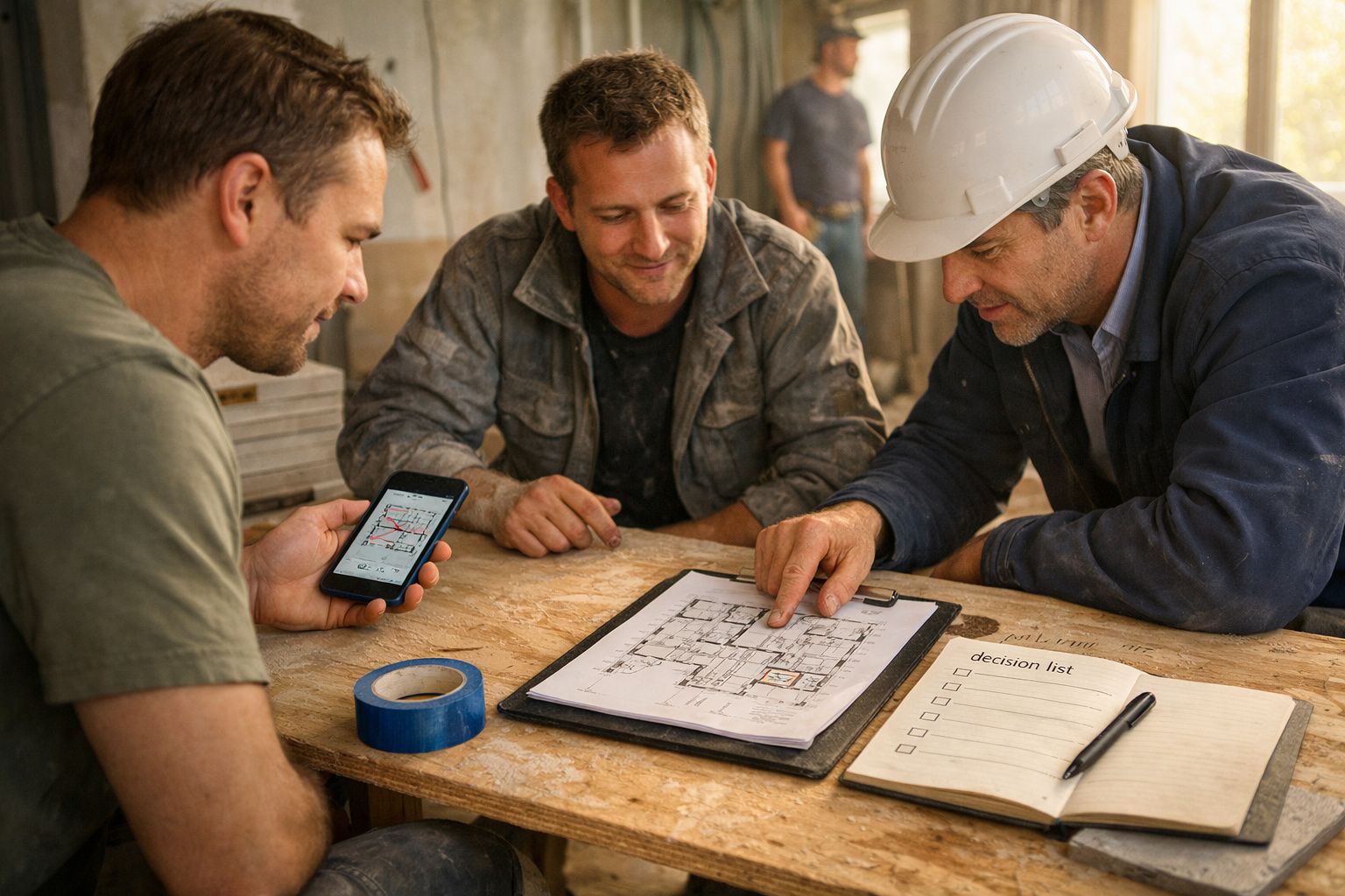 Três homens numa mesa a discutir um plano de construção. Um aponta o plano, outro segura um telemóvel. Há um caderno.