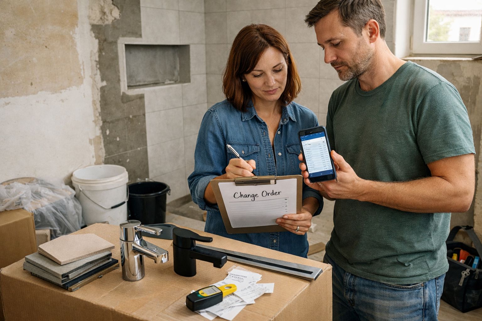 Casal revê encomenda de materiais de construção durante remodelação numa casa de banho.