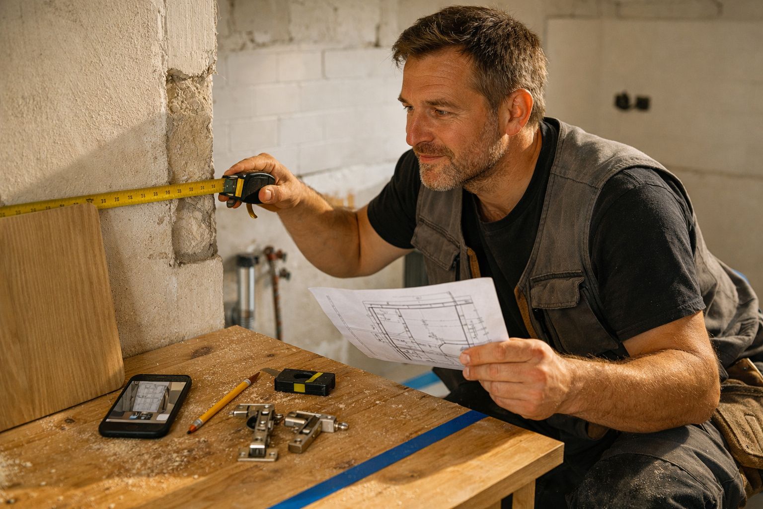 Homem mede parede com fita métrica enquanto segura planta, numa oficina com ferramentas e smartphone sobre a mesa.