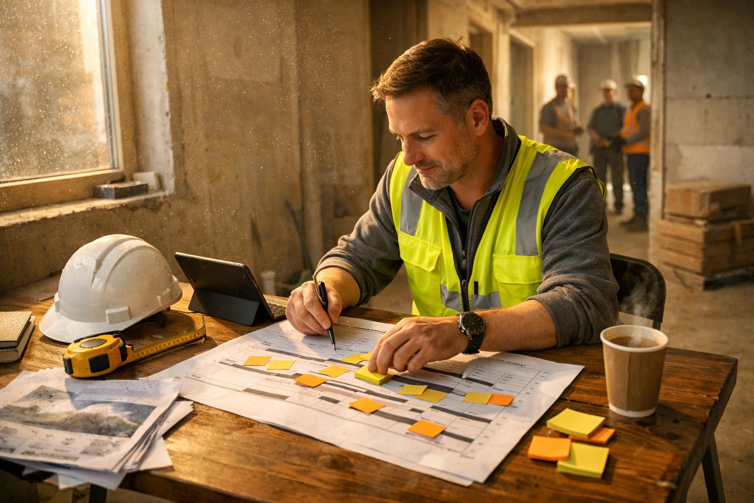 Homem de colete refletor em obra, escreve em plantas com post-its, capacete e café ao lado, outros trabalhadores ao fundo.