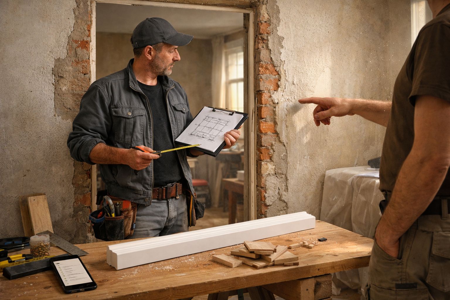 Homem de capacete analisa prancheta com planta de construção em obra, enquanto outra pessoa aponta para parede.