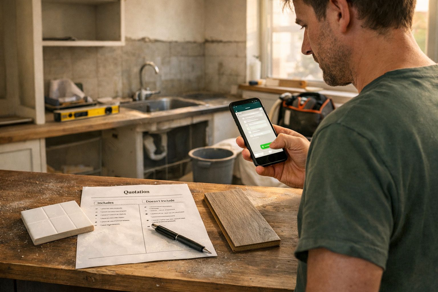 Homem consulta telemóvel numa cozinha em renovação com orçamento, telhas e madeira sobre a bancada.