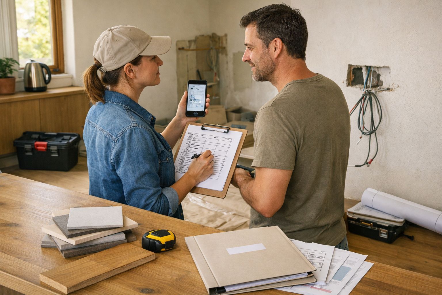 Duas pessoas discutem renovação de uma casa, segurando um bloco de notas e um telemóvel numa sala em obras.