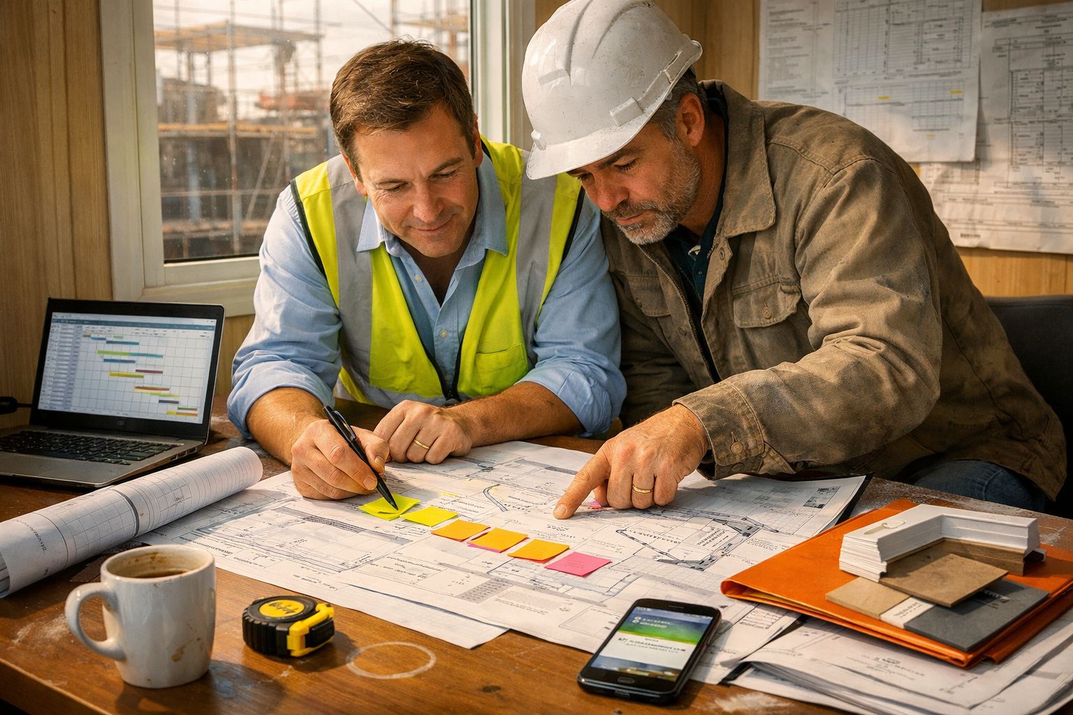 Dois homens olhando para planos de construção numa mesa, um usa capacete. Computador e café ao lado.