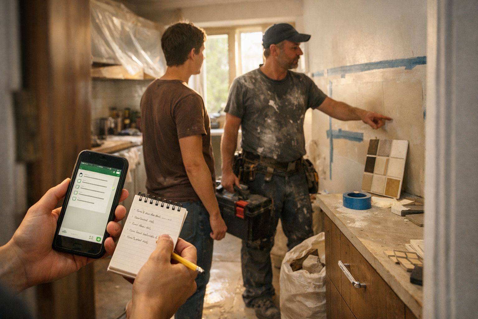 Dois homens discutem reforma numa cozinha; um deles aponta para a parede. Mão segura telemóvel e bloco de notas.