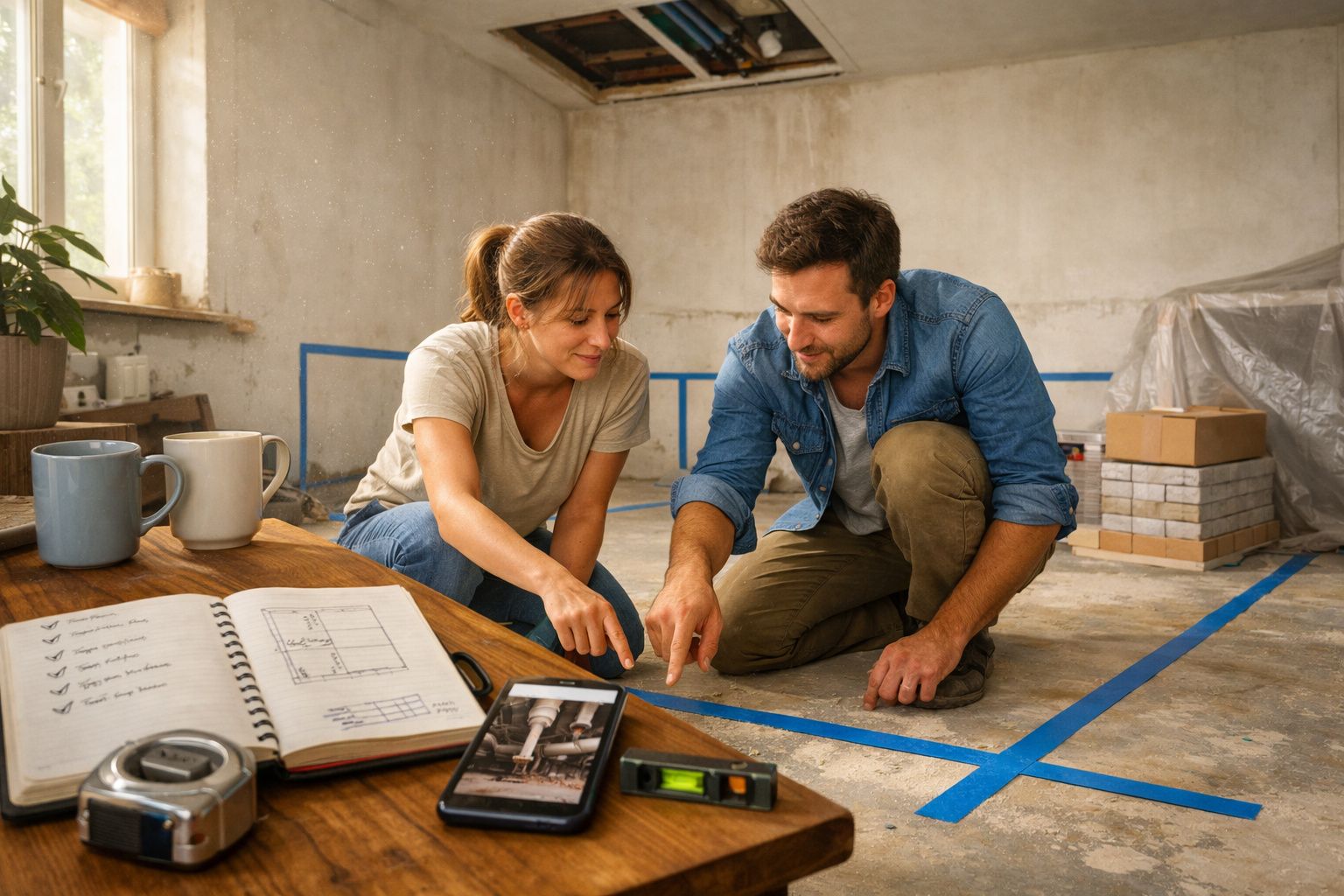 Casal sentado no chão de uma sala em obras, apontando para um plano numa mesa com chávenas, caderno e telemóvel.