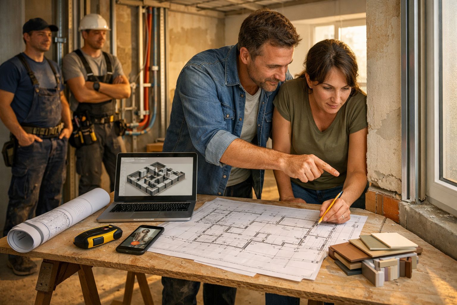 Casal a discutir plantas de construção numa obra, com dois trabalhadores ao fundo. Computador portátil com projeto 3D.