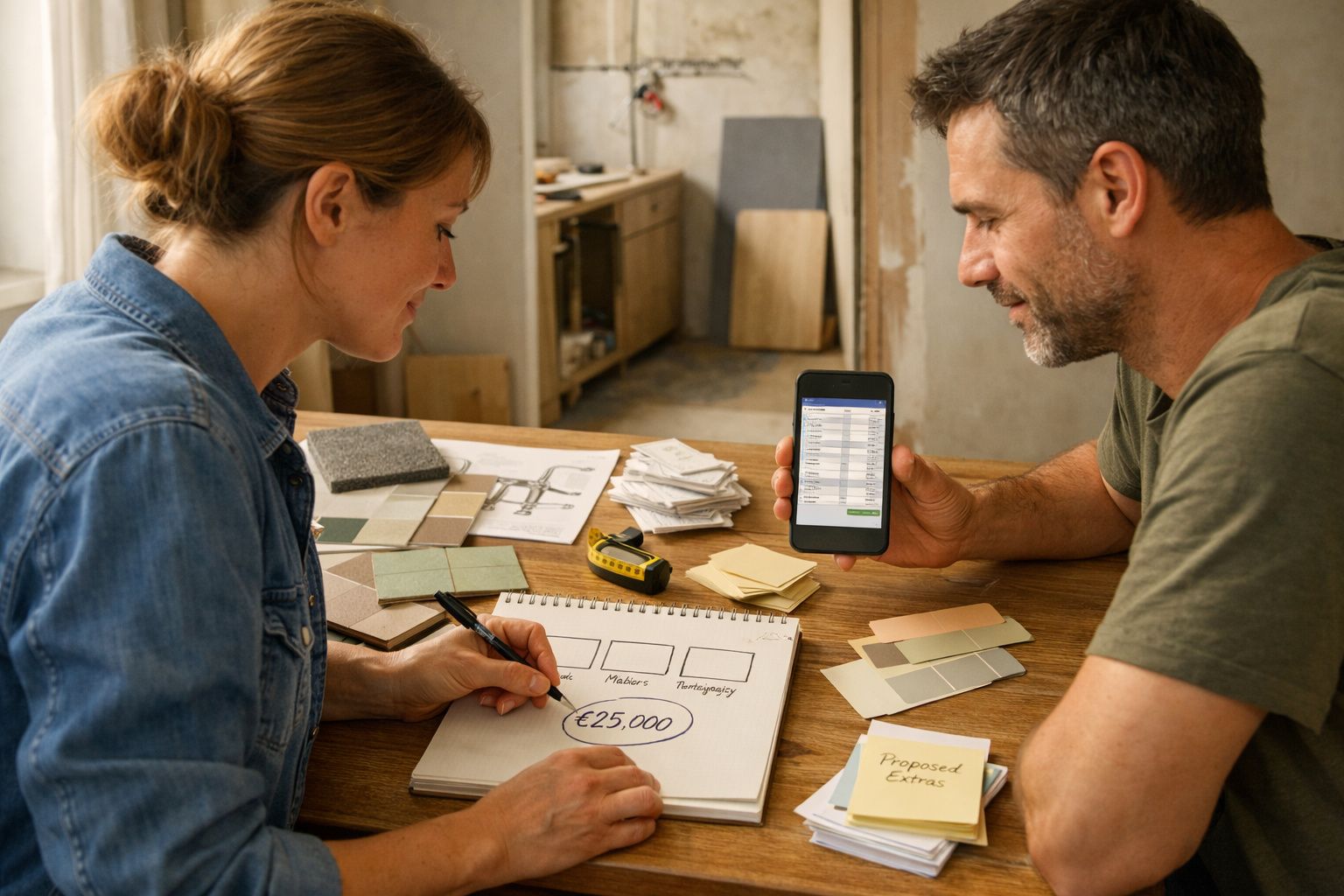 Casal discute plano de renovação com amostras de cor na mesa; homem segura telemóvel.