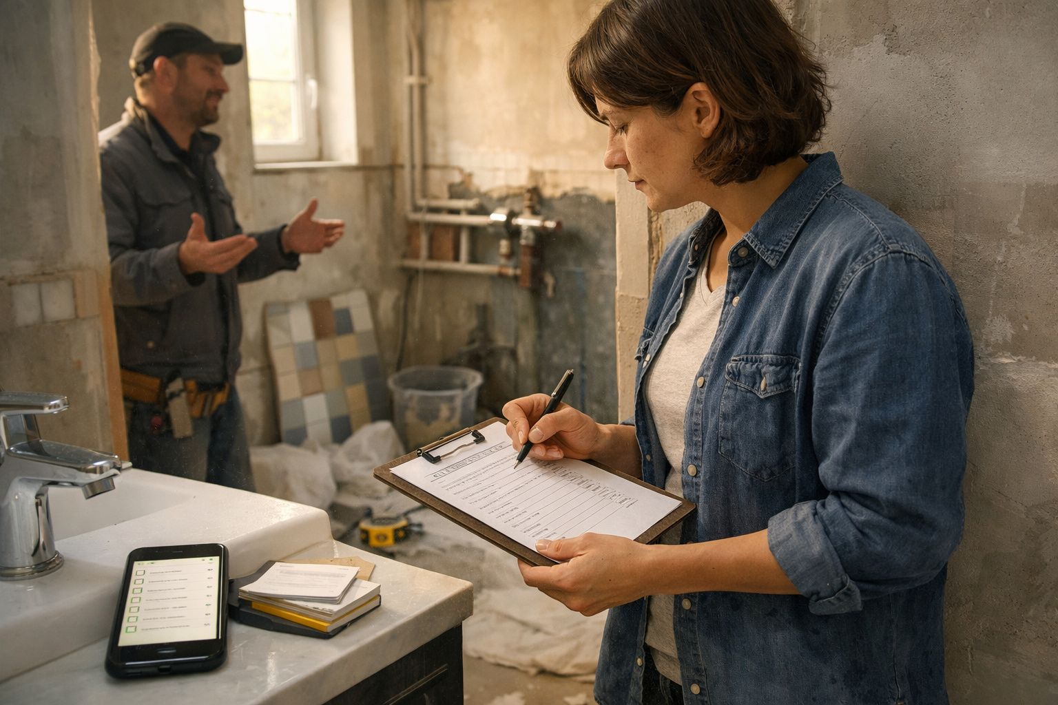 Mulher de camisa jeans verifica lista numa casa de banho em renovação, enquanto um homem gesticula ao fundo.