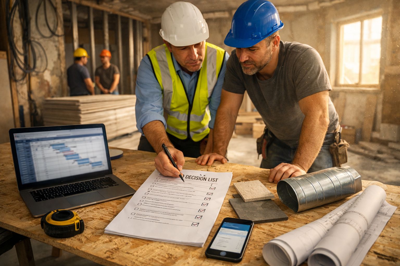 Dois trabalhadores de construção civil analisam uma lista de decisões numa obra, com portátil e telemóvel sobre a mesa.