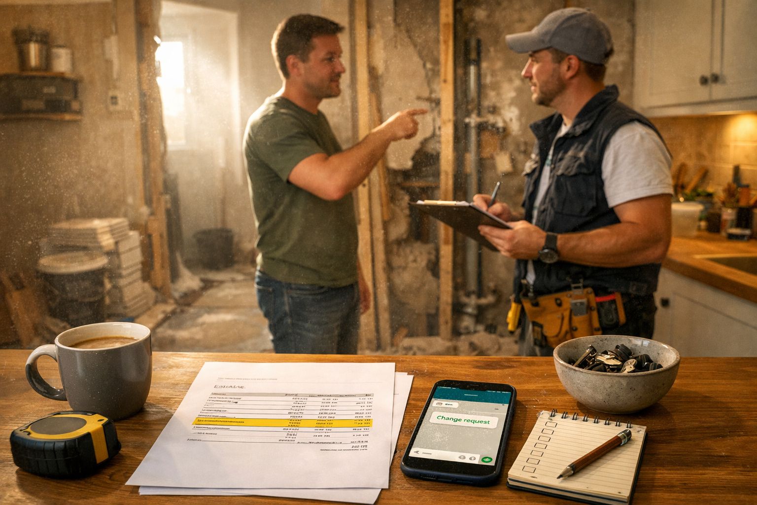 Duas pessoas discutem numa cozinha em obras, com documentos e um telemóvel com um pedido de alteração na mesa.