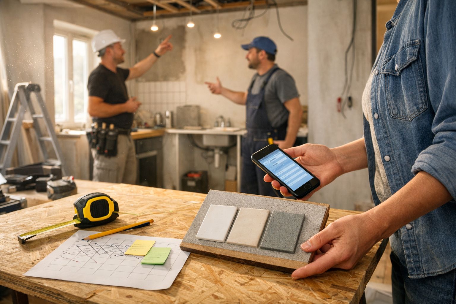 Pessoa segurando amostras de azulejos e telefone, enquanto duas pessoas discutem na construção de uma casa.