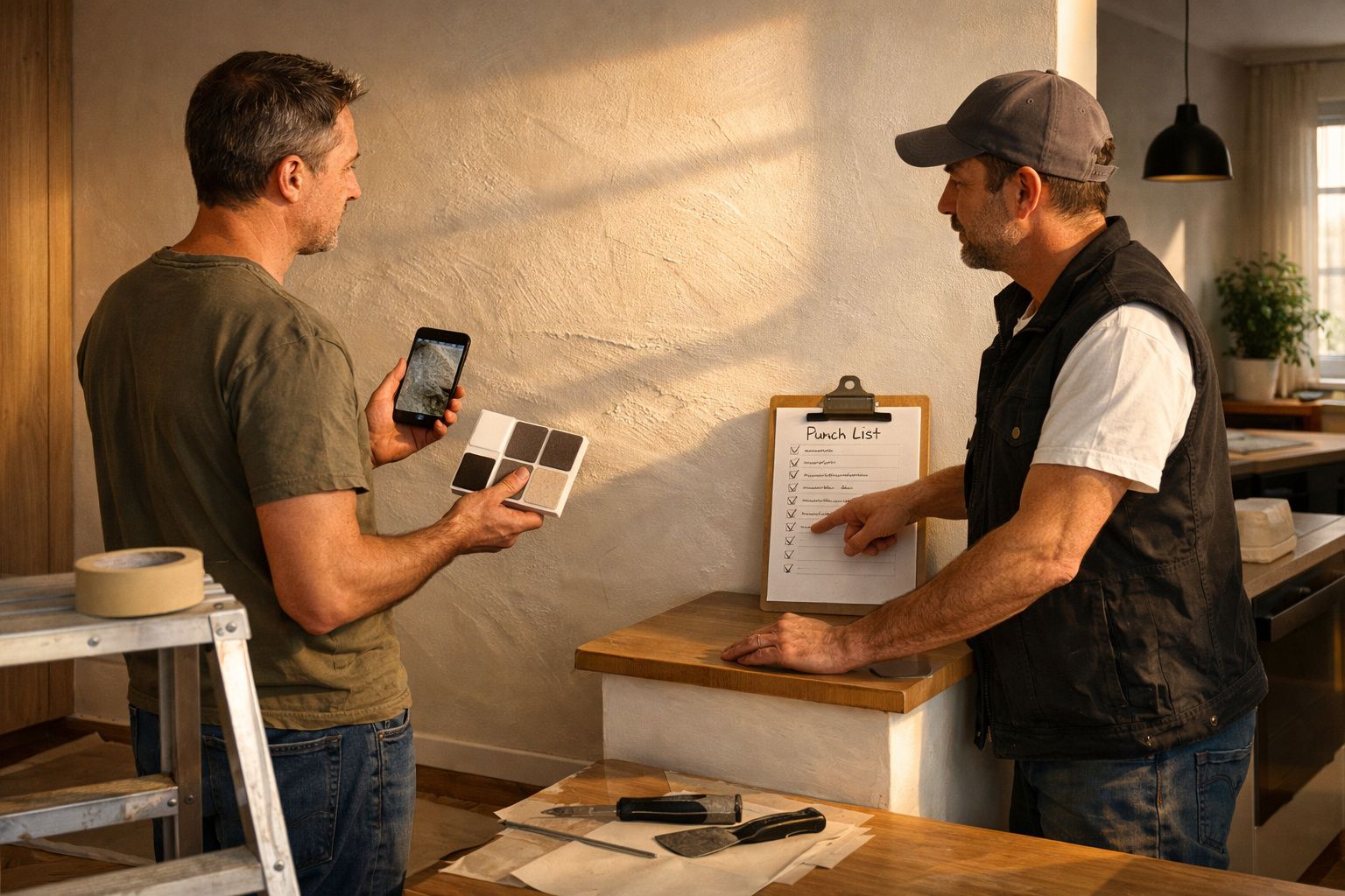 Dois homens discutem cores de tinta com um telemóvel e lista de verificação numa casa em renovação.