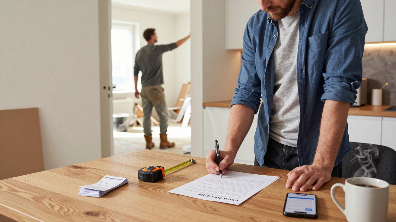 Homem revê documentos em cozinha, enquanto outro trabalha ao fundo em renovação de casa.