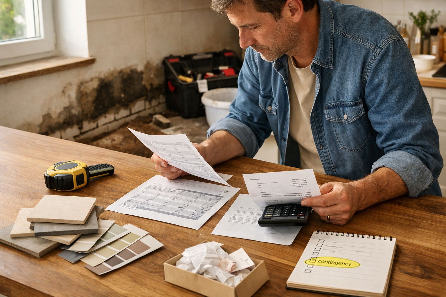 Homem revê documentos com uma calculadora numa mesa, cercado por amostras de materiais e bloco de notas.