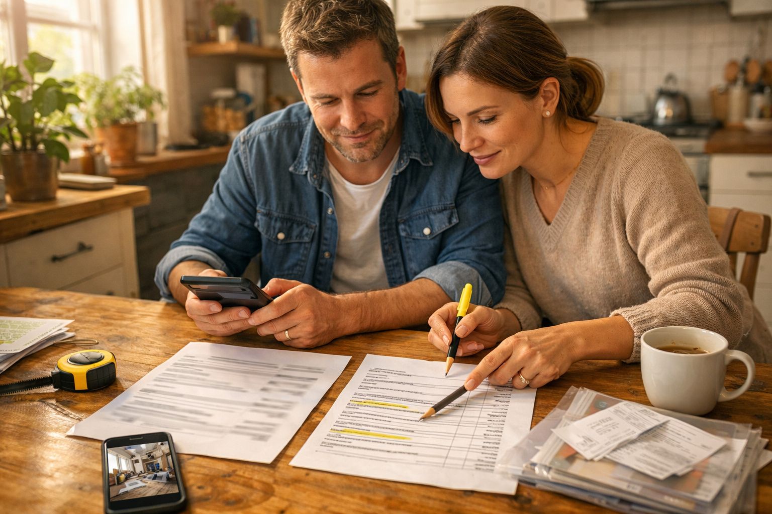 Casal a revisar documentos financeiros numa mesa de madeira com caneta e chávena de café.