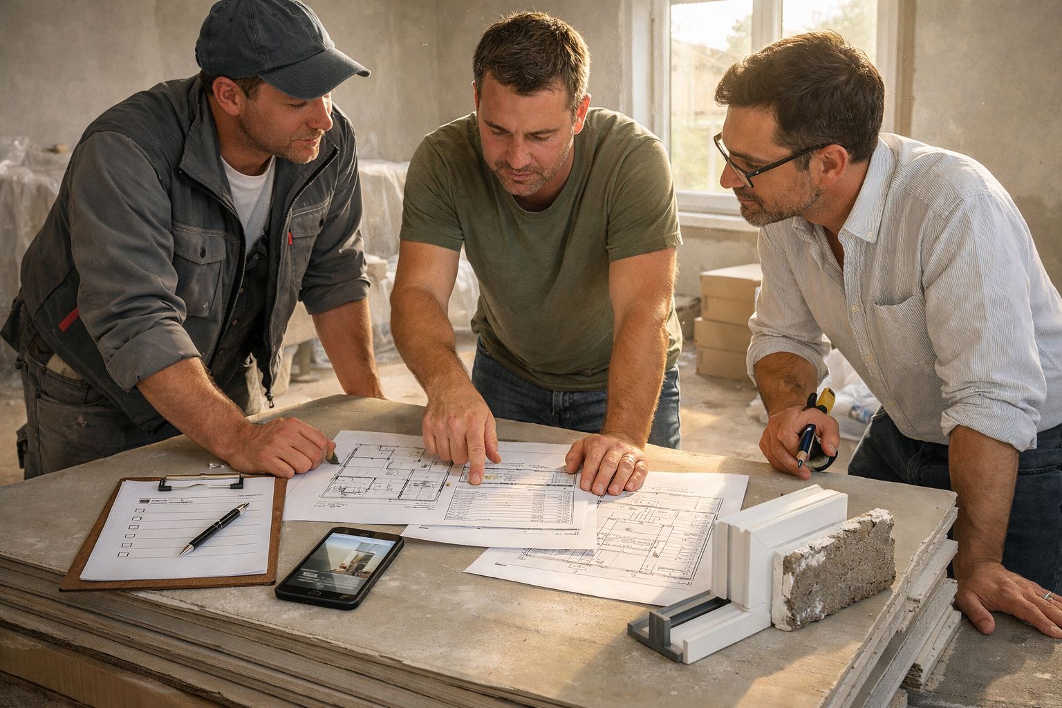 Três homens discutem plantas arquitetónicas numa mesa com documentos, prancheta e telemóvel.