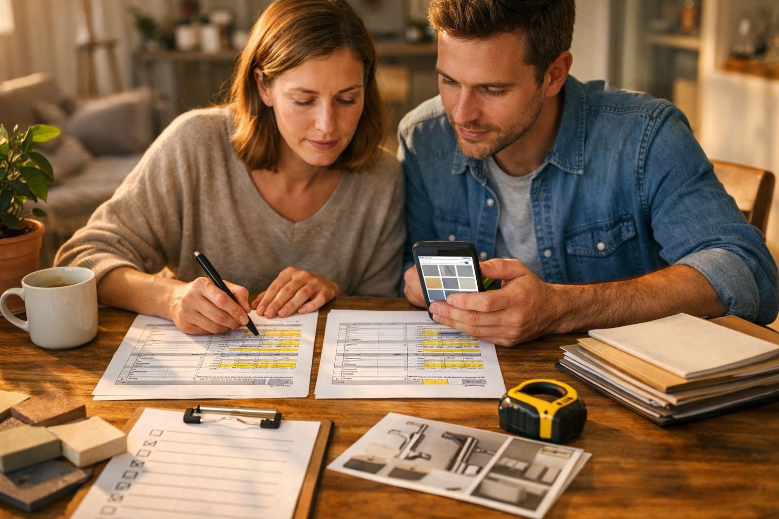 Casal analisa documentos na mesa; homem segura smartphone, mulher sublinha papéis. Têm chávenas de café e caderno ao lado.