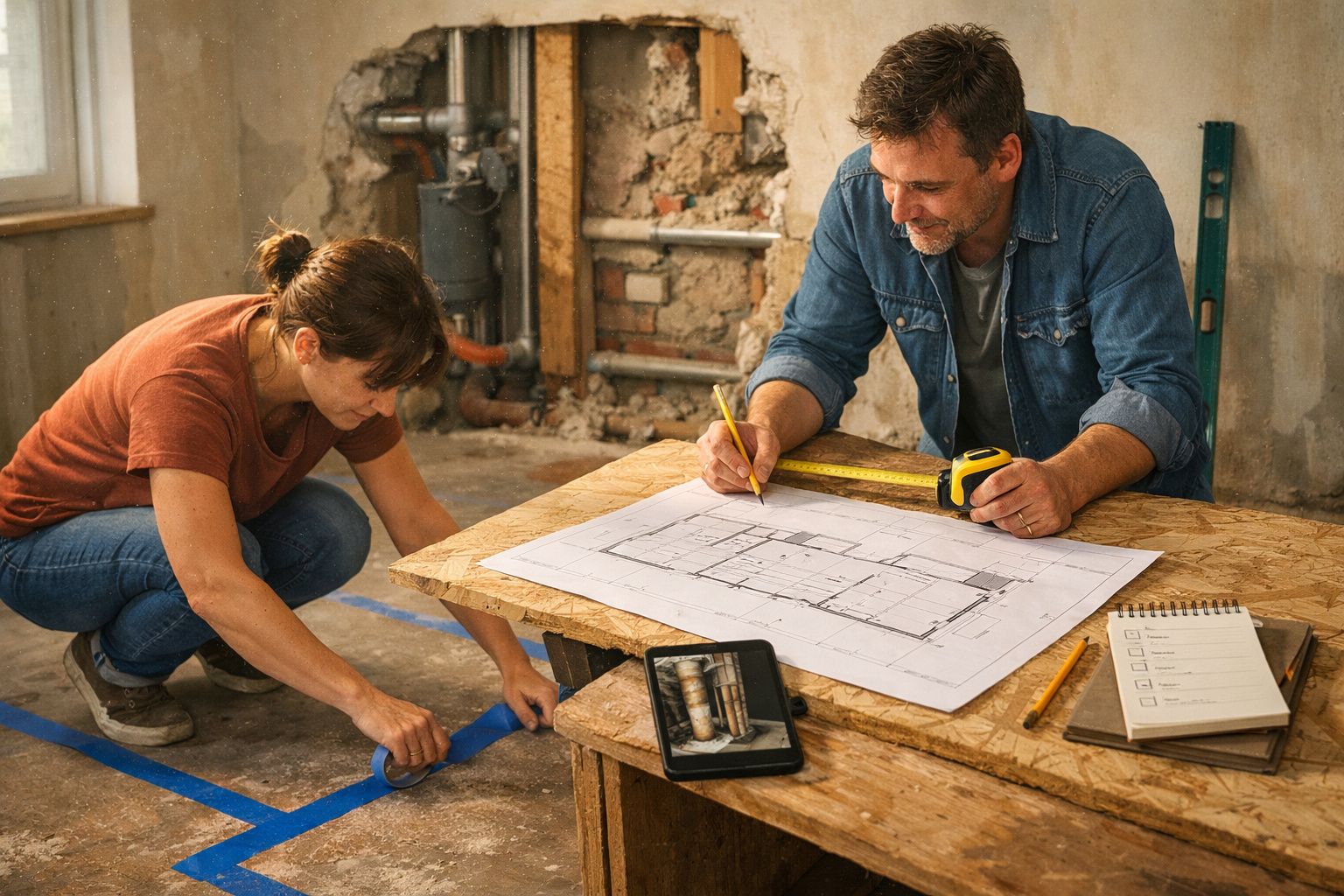 Duas pessoas consultam um plano arquitetónico numa mesa de madeira em construção numa casa.