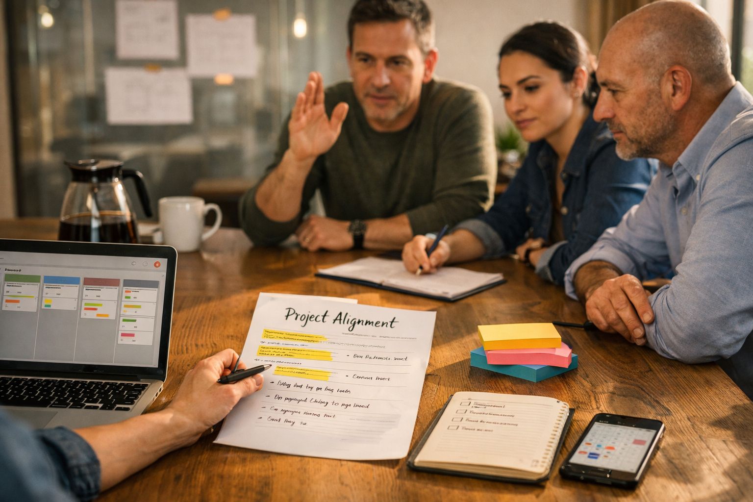 Reunião de equipa em mesa de madeira, com portátil, bloco de notas e post-its, discutindo alinhamento de projeto.