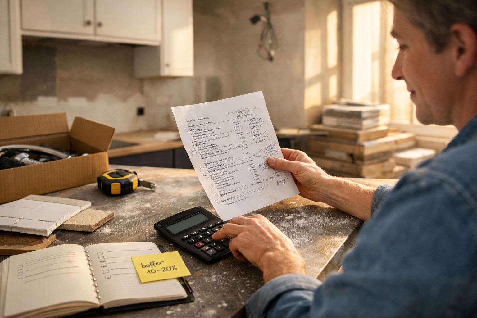 Homem a analisar orçamento com calculadora numa mesa de trabalho em obras, com bloco de notas e fita métrica ao lado.