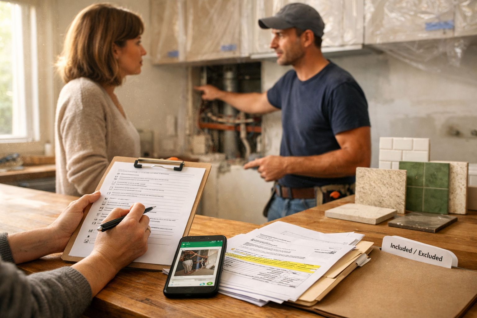 Mulher discute renovação com construtor em cozinha enquanto outra pessoa faz anotações em prancheta.