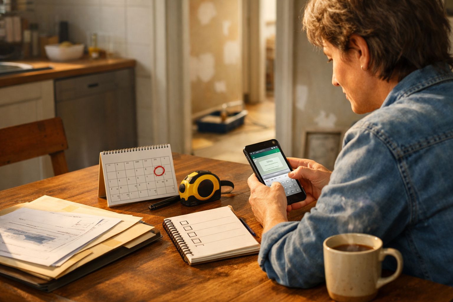 Pessoa consulta smartphone numa mesa com papéis, calendário, fita métrica e chávena de café.