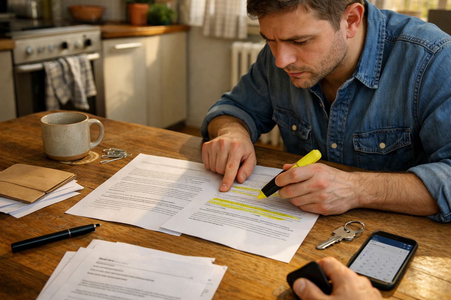 Homem a sublinhar documentos com marcador amarelo numa mesa de madeira. Há uma chávena, papéis e um telemóvel.