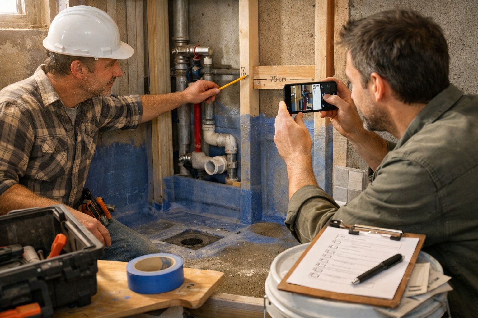 Dois homens inspecionam obras de canalização, um medindo e outro tirando foto, ferramentas ao lado.
