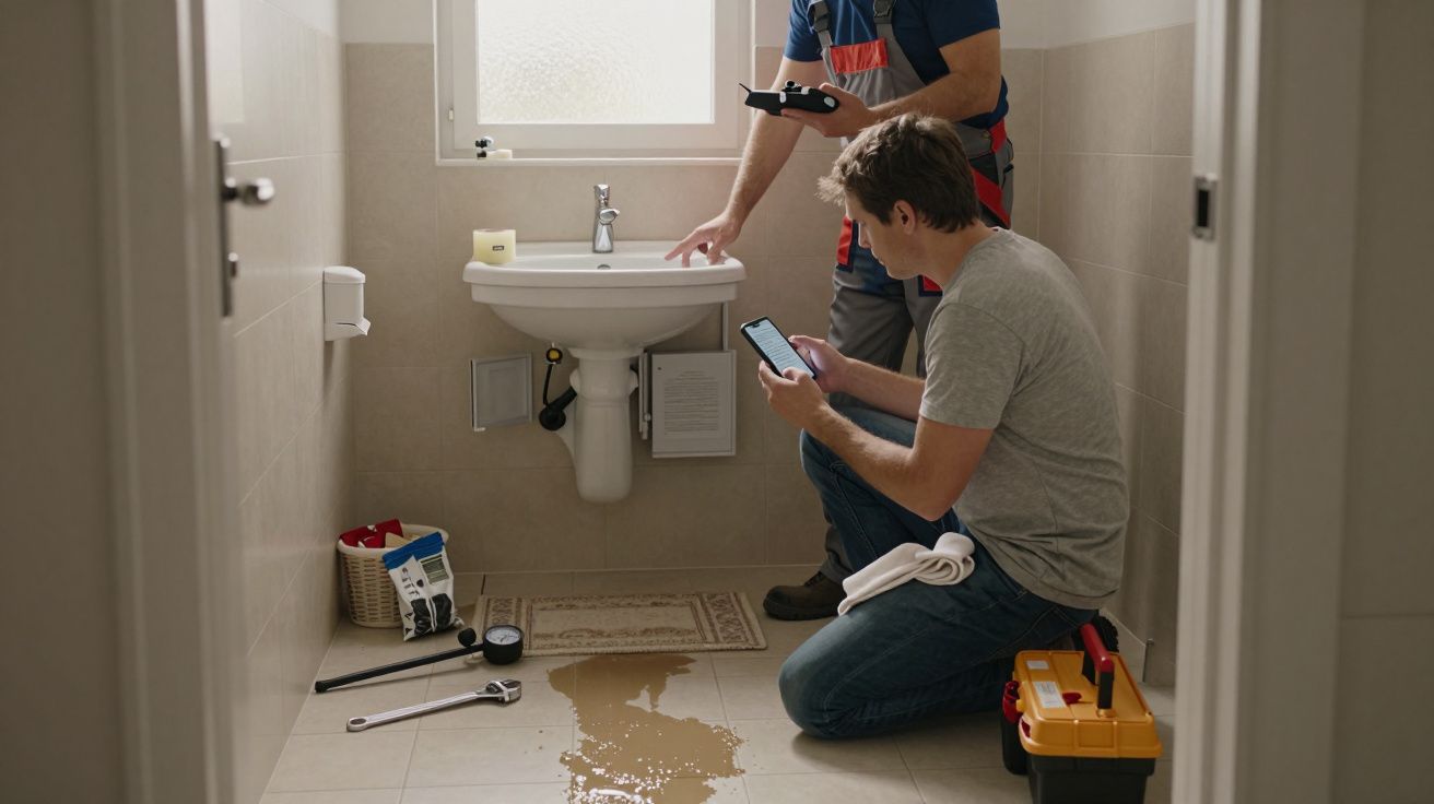 Dois homens a consertar um vazamento debaixo de um lavatório, com ferramentas e uma caixa ao lado.