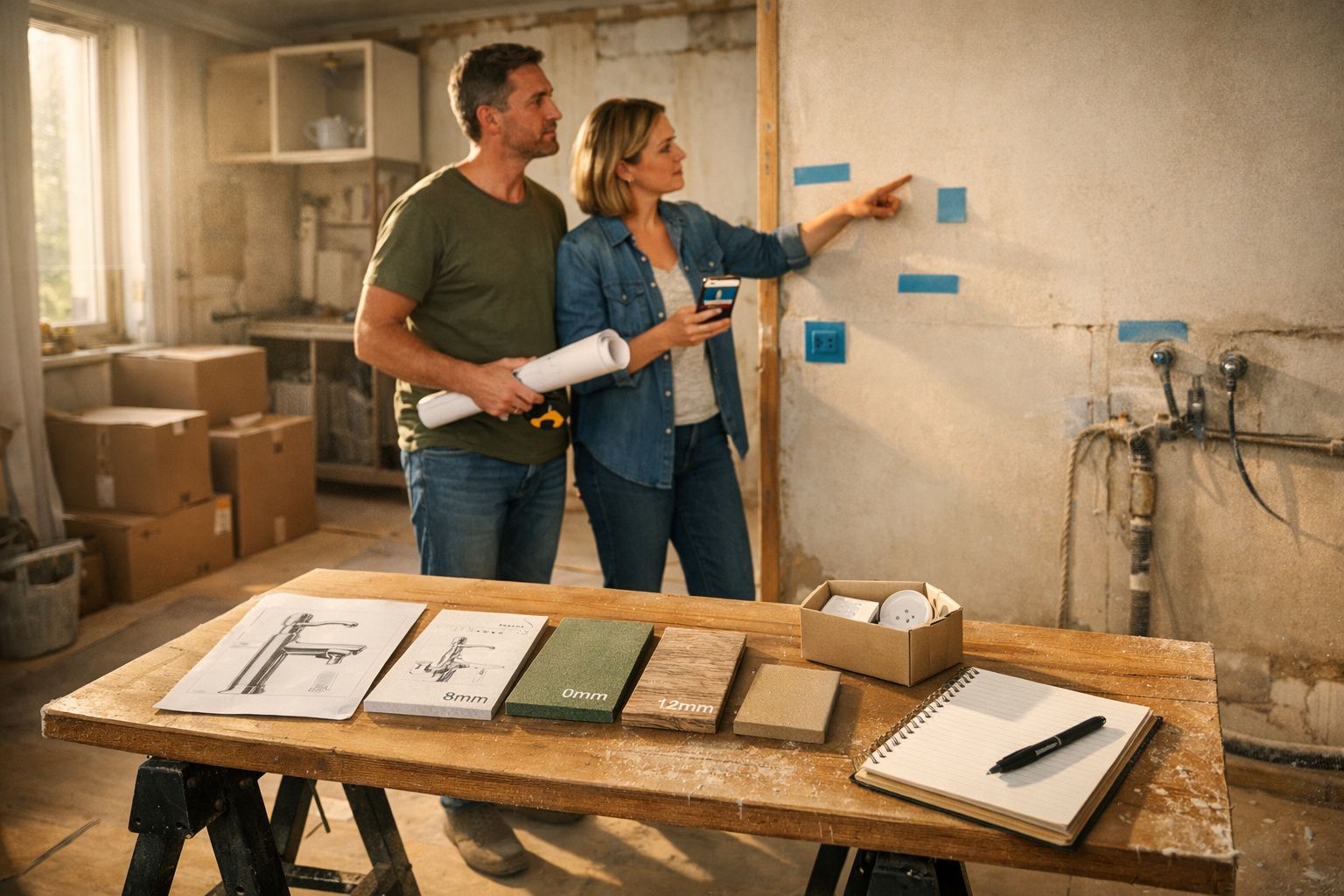 Casal discute renovação de cozinha, mostrando planos numa parede com amostras de materiais sobre a mesa.