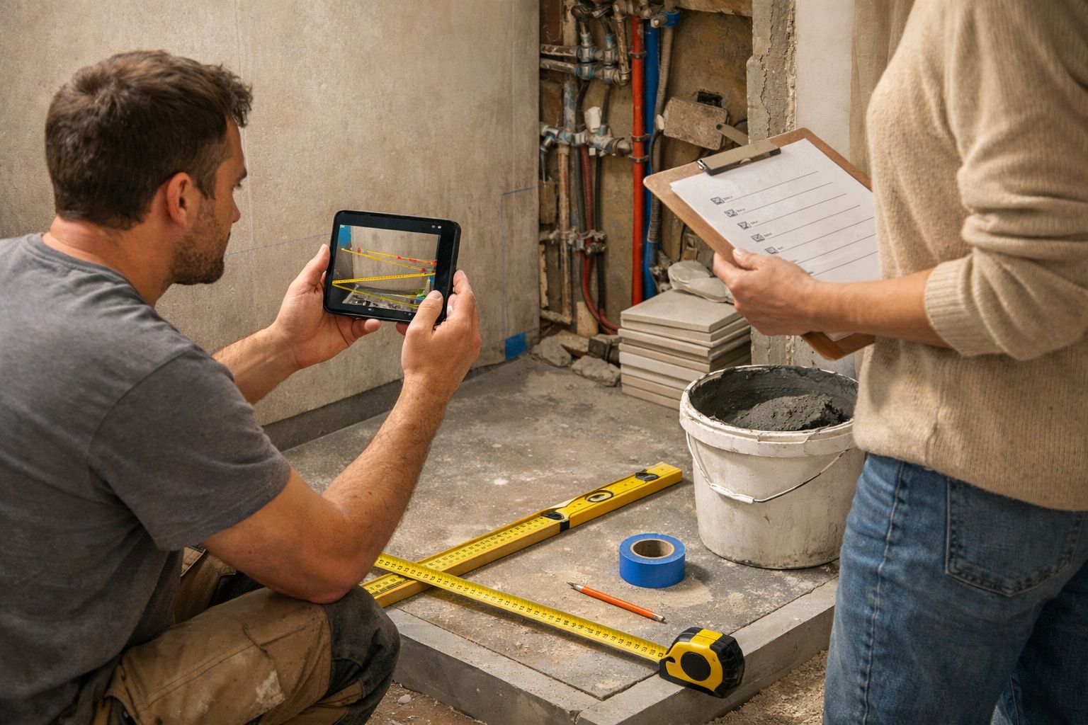 Duas pessoas planificam uma obra, tirando medidas com tablet e tabelas em zona de construção com ferramentas.