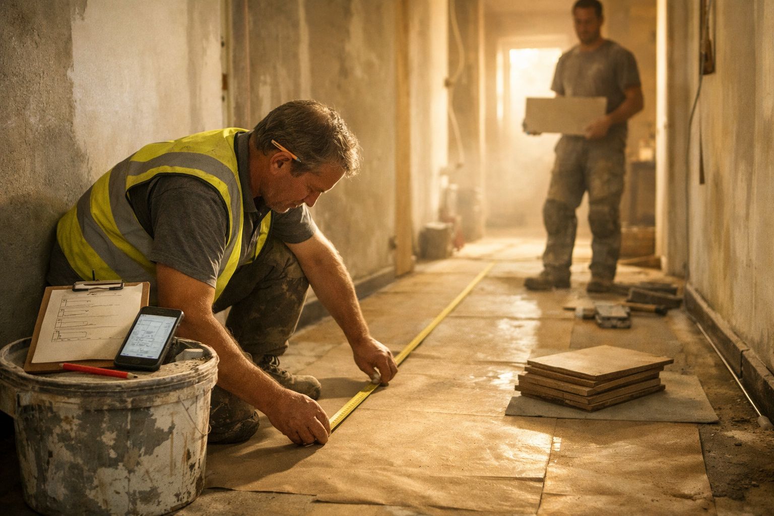 Trabalhador de construção a medir o chão com uma fita métrica, outro ao fundo com azulejos.