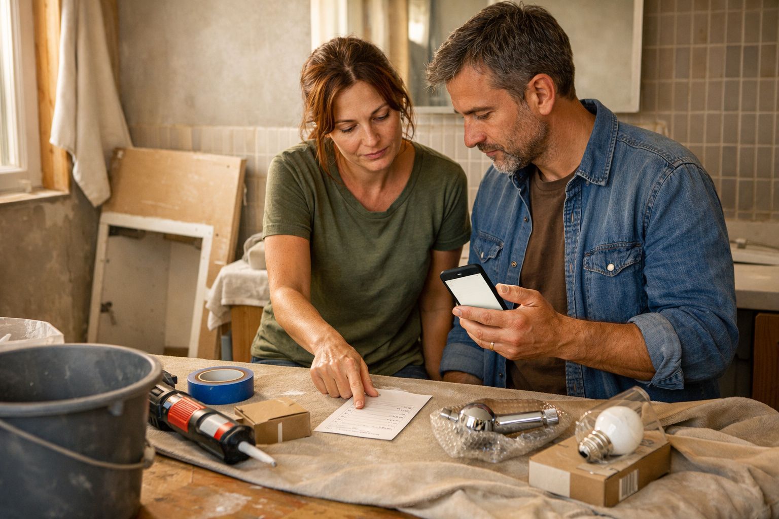 Casal planeia projeto de renovação, observando lista e smartphone numa mesa com ferramentas e materiais.
