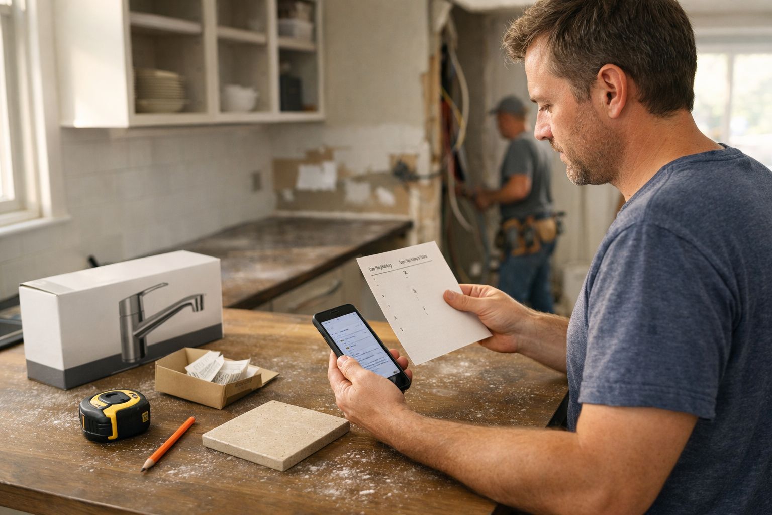 Homem consulta instruções e telemóvel numa cozinha em remodelação, com ferramentas e materiais sobre a bancada.