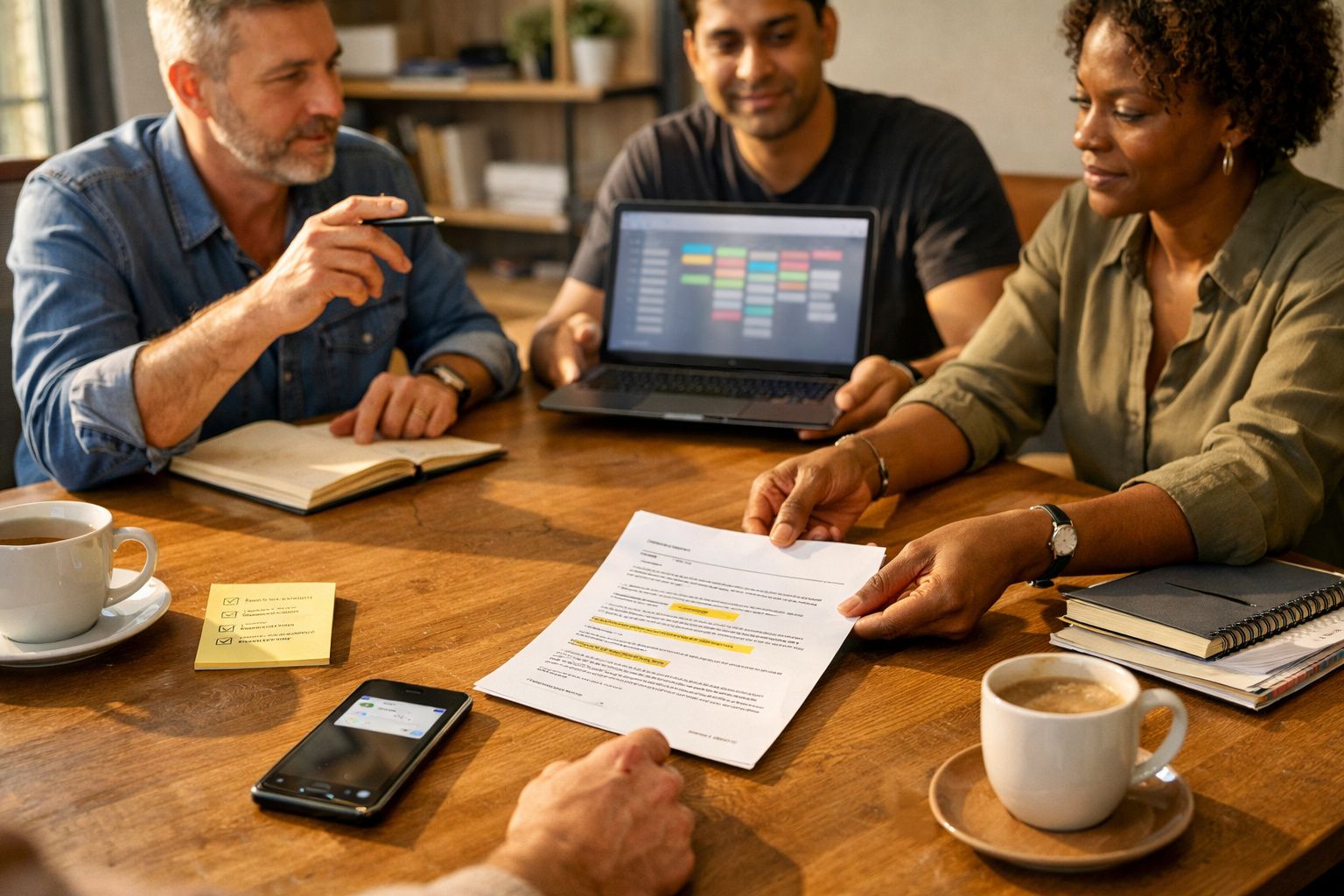 Pessoas em reunião, analisando documentos e computador portátil numa mesa de madeira com chávenas de café e caderno.
