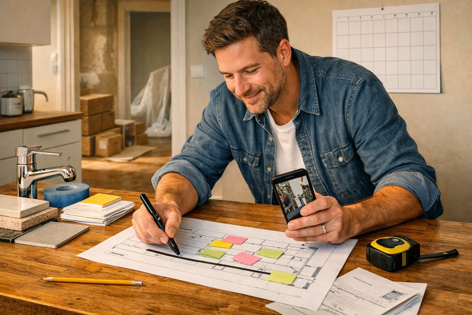 Homem a trabalhar em planta de arquitetura numa cozinha, com smartphone na mão e post-its coloridos sobre a mesa.