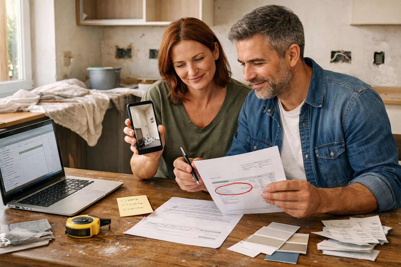 Casal planifica remodelação, olhando documentos e telefone, com portátil e fita métrica numa mesa desarrumada.