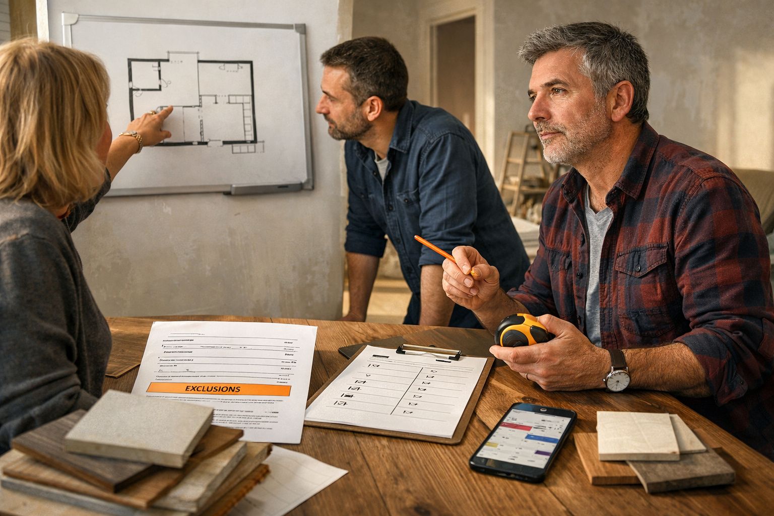 Três pessoas discutem planos de construção numa mesa com documentos e um esquema na parede. Algumas ferramentas estão present