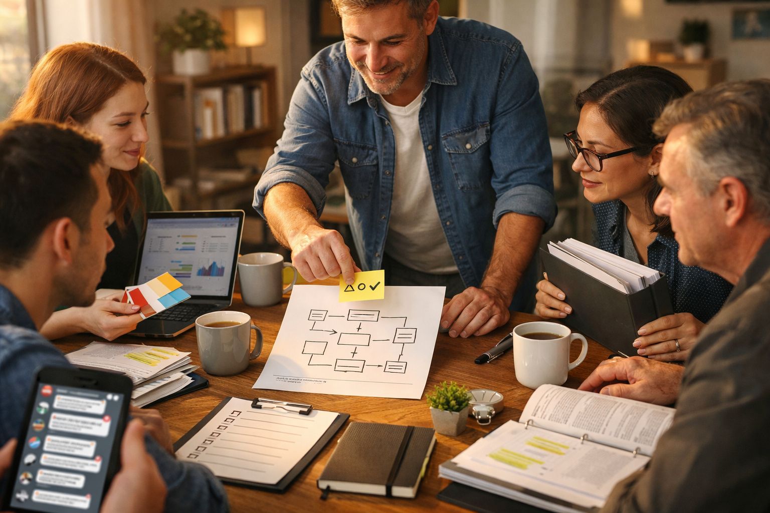 Pessoas em reunião de trabalho, analisando um diagrama sobre a mesa, com portáteis, chávenas e documentos.