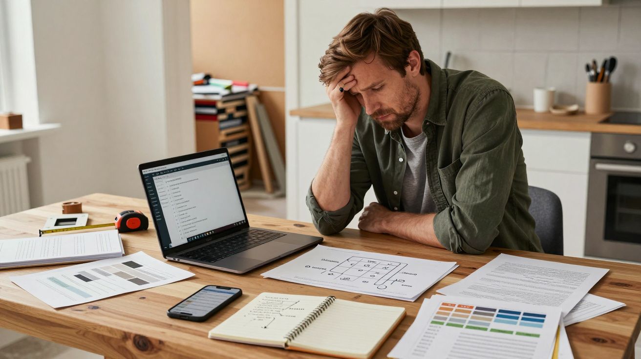 Homem preocupando-se ao trabalhar num portátil, rodeado de papéis numa cozinha.