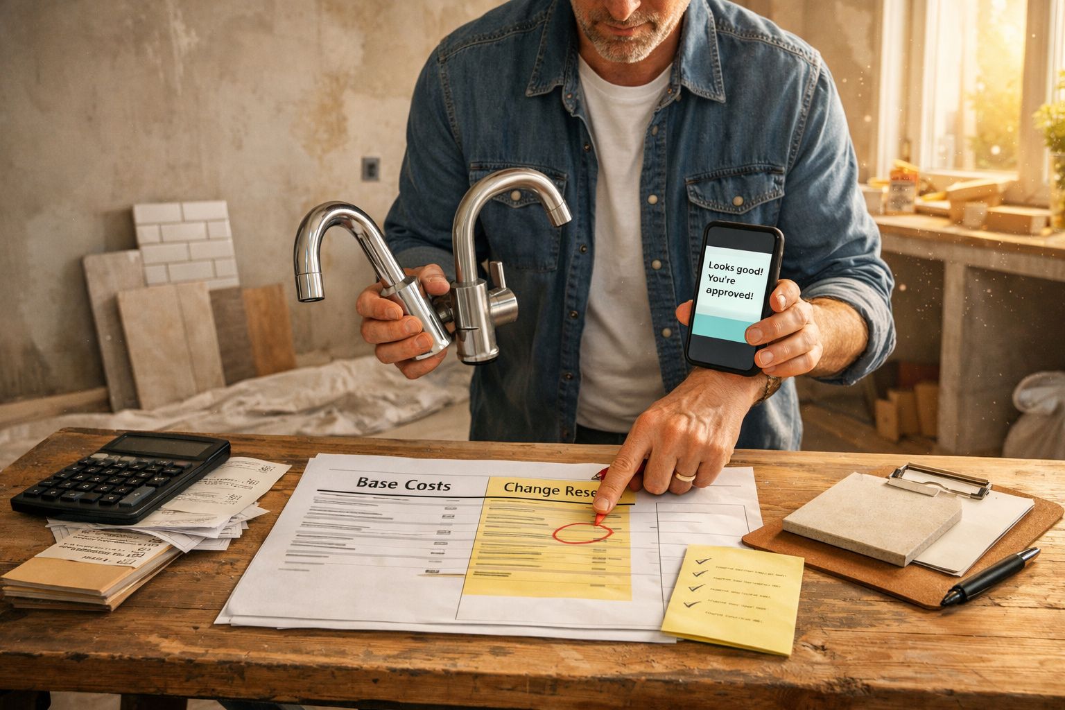 Homem segura uma torneira e um telemóvel enquanto aponta para um orçamento numa mesa com documentos e uma calculadora.