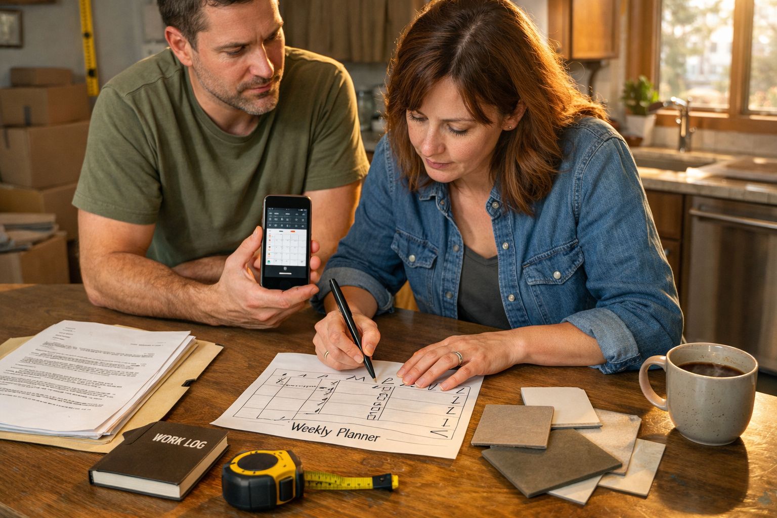 Casal planeia semana, mulher escreve num planeador semanal, homem segura telemóvel.