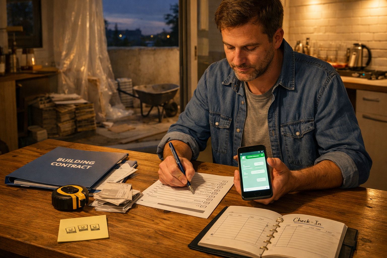 Homem a preencher formulário numa mesa, segurando telemóvel; escritório com documentos e ferramentas ao fundo.